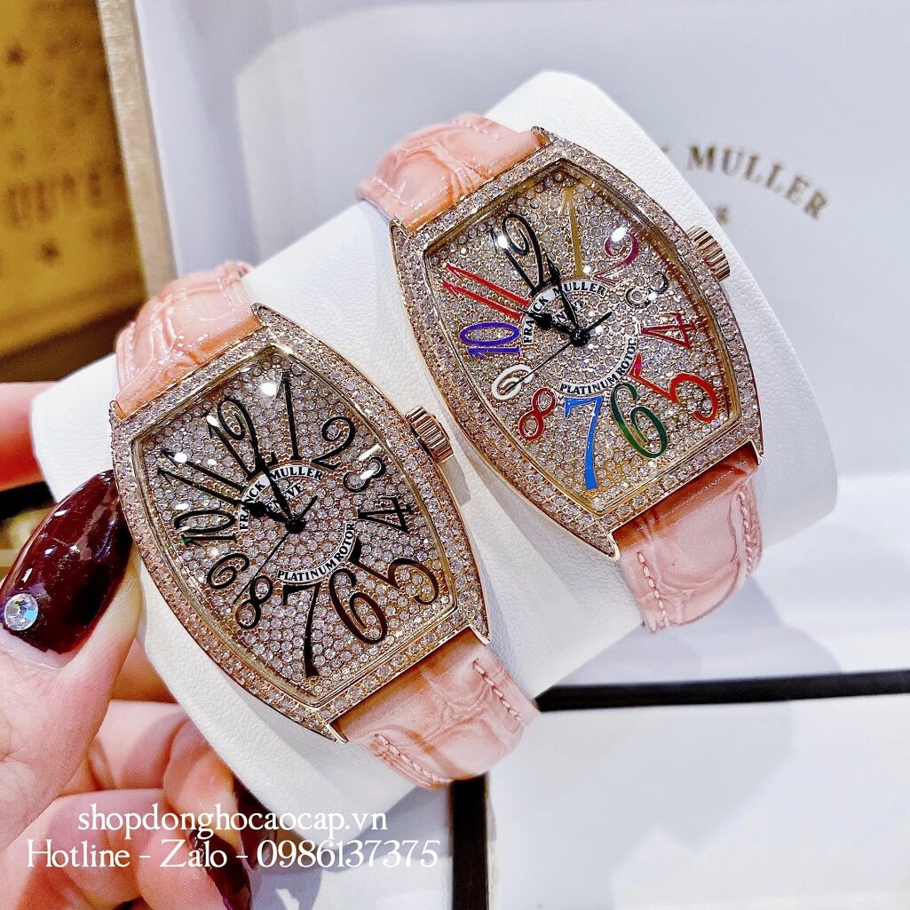 Đồng Hồ Franck Muller Nữ Dây Da Hồng Số Đính Đá 33mm Rose