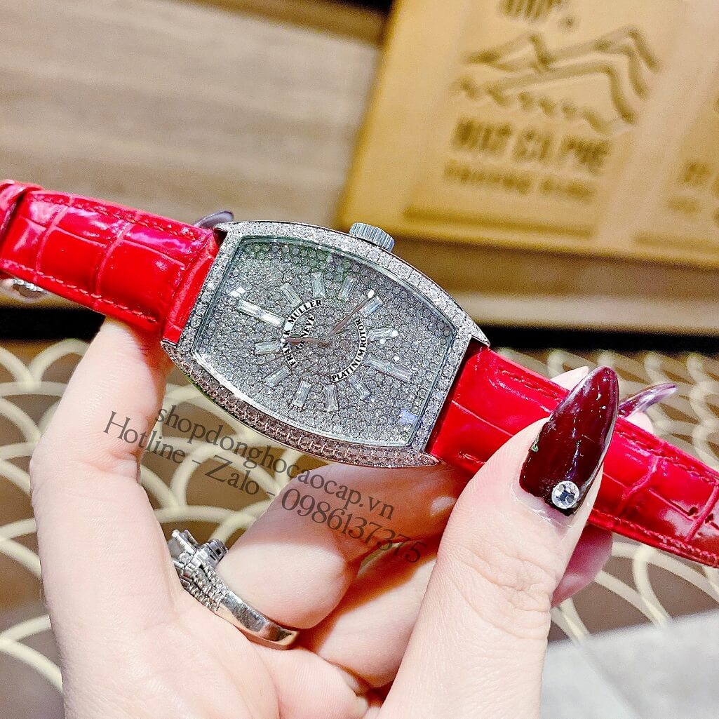 Đồng Hồ Franck Muller Nữ Dây Da Đỏ Đính Đá Bạc 33mm