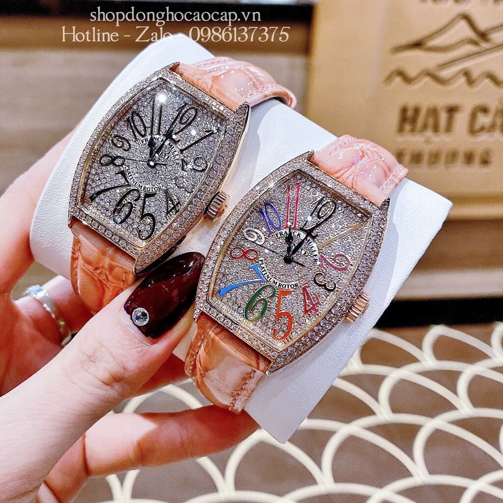 Đồng Hồ Franck Muller Nữ Dây Da Hồng Số Đính Đá 33mm Rose