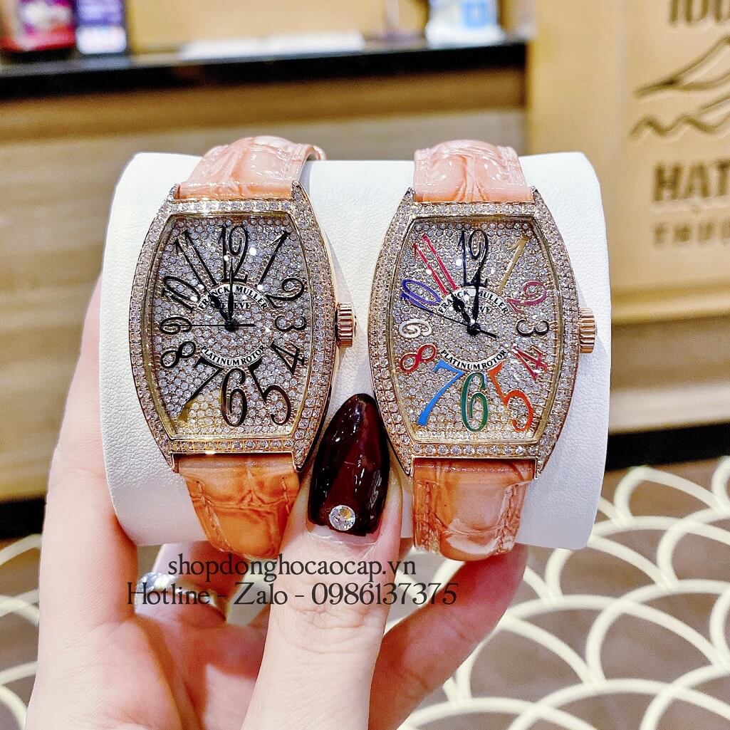 Đồng Hồ Franck Muller Nữ Dây Da Hồng Số Đính Đá 33mm Rose