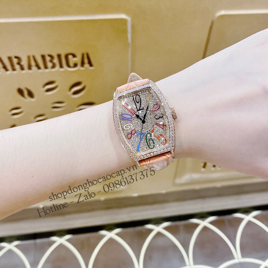 Đồng Hồ Franck Muller Nữ Dây Da Hồng Số Đính Đá 33mm Rose