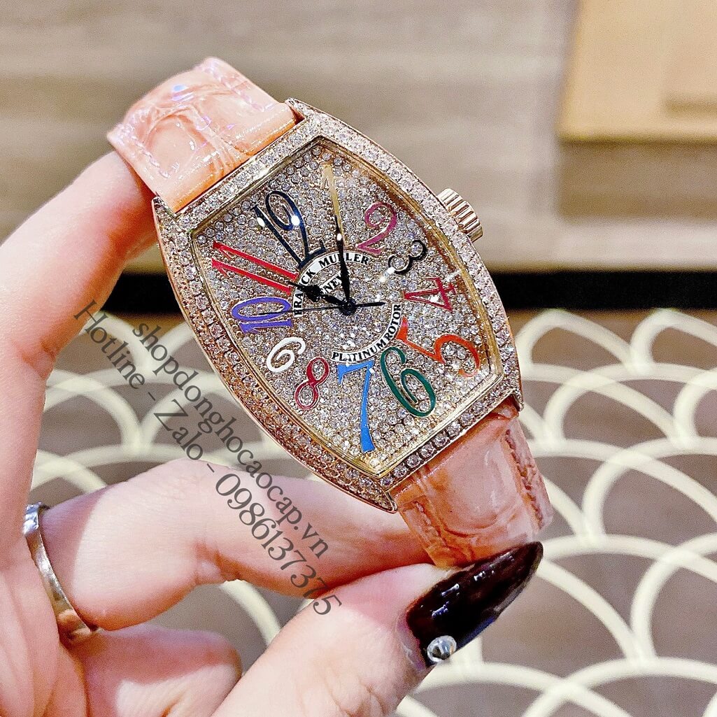 Đồng Hồ Franck Muller Nữ Dây Da Hồng Số Đính Đá 33mm Rose