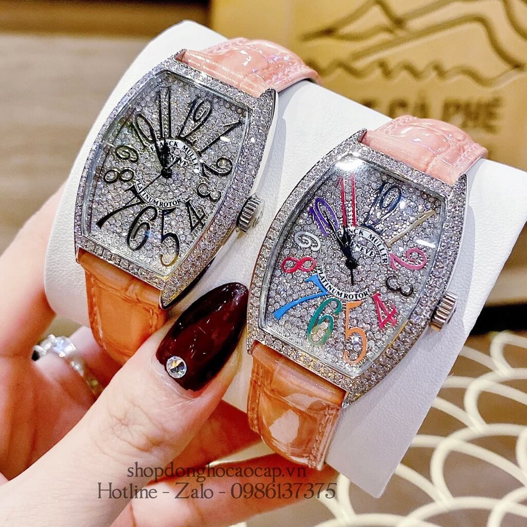 Đồng Hồ Franck Muller Nữ Dây Da Hồng Mặt Số Đính Đá 33mm Silver