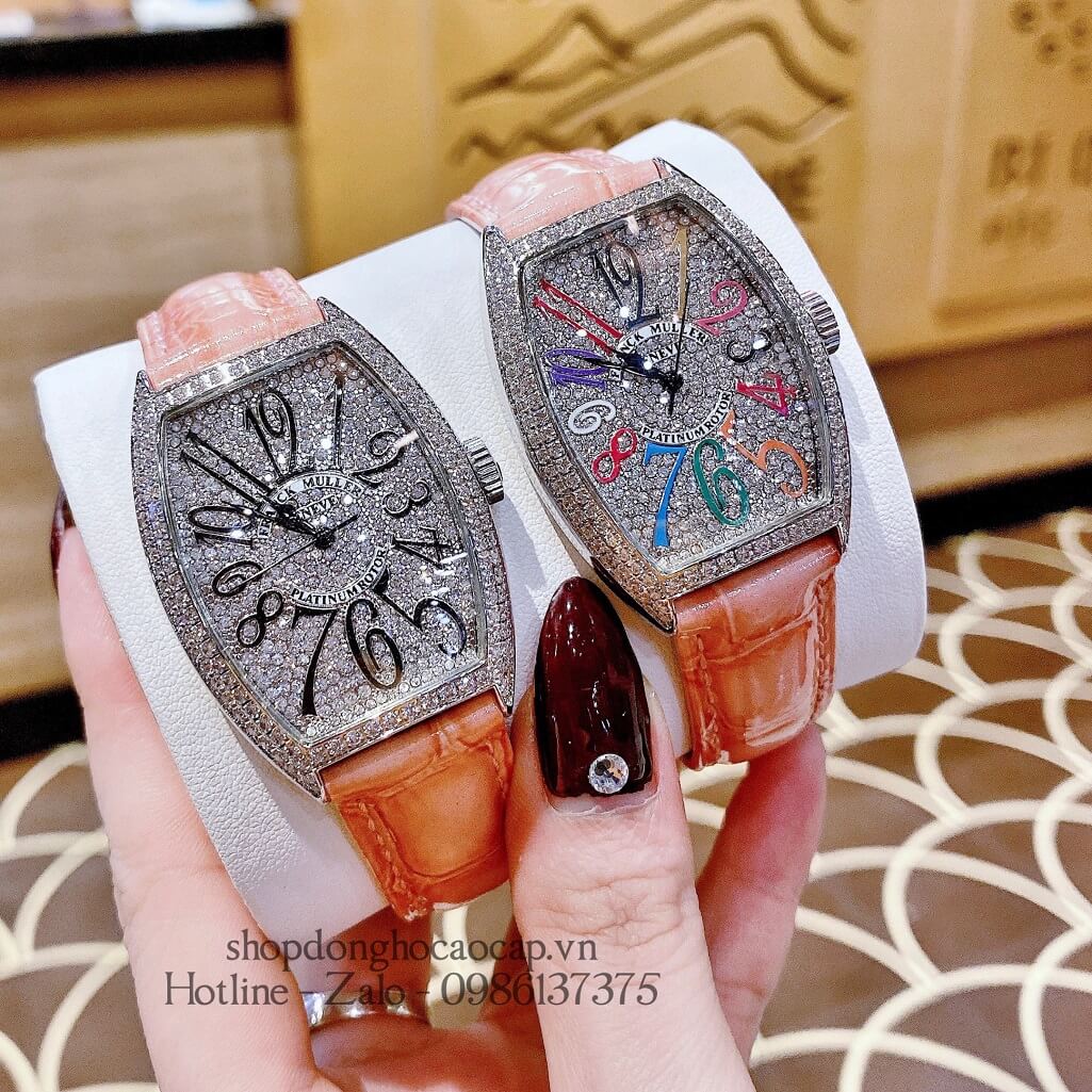 Đồng Hồ Franck Muller Nữ Dây Da Hồng Mặt Số Đính Đá 33mm Silver