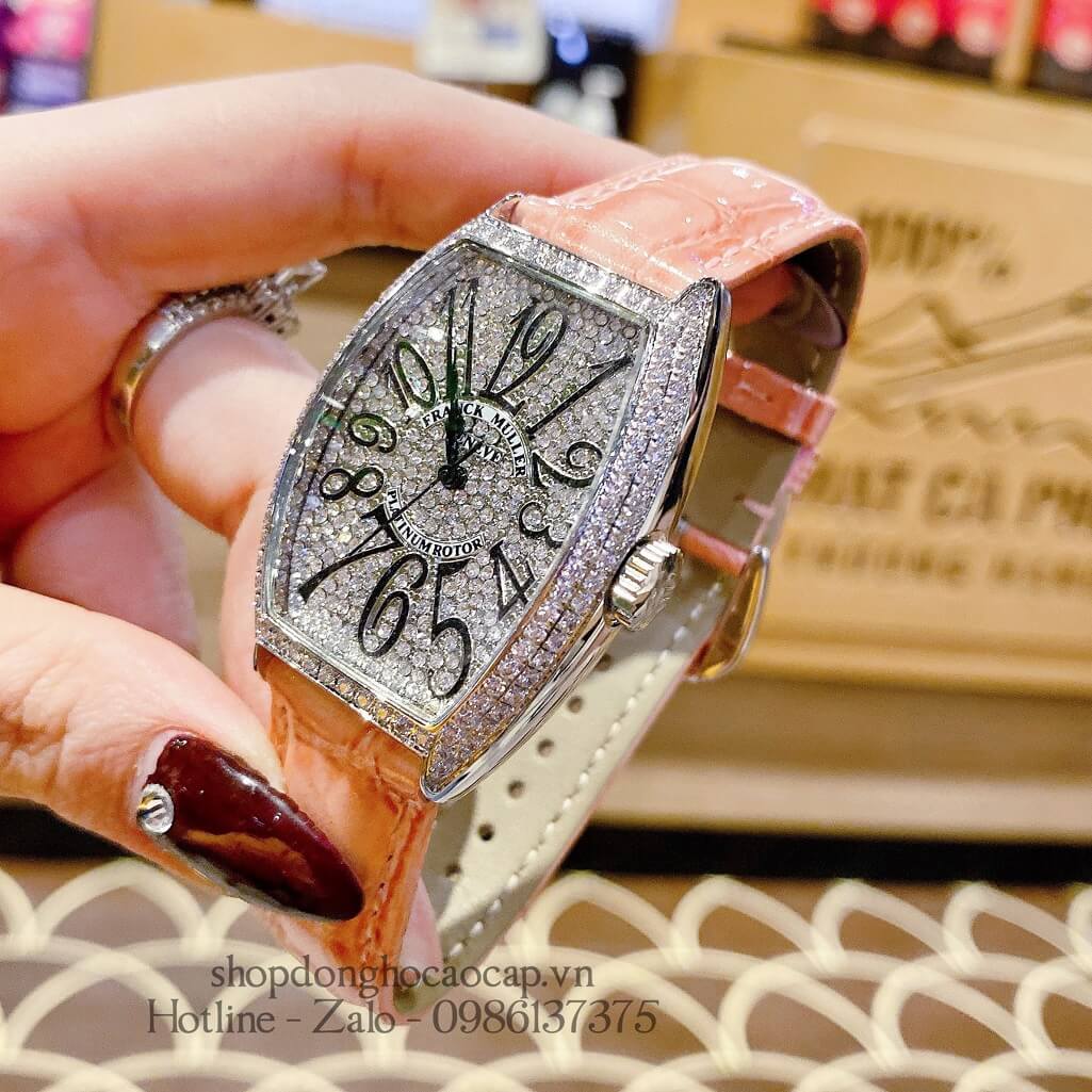 Đồng Hồ Franck Muller Nữ Dây Da Hồng Mặt Số Đính Đá 33mm Silver