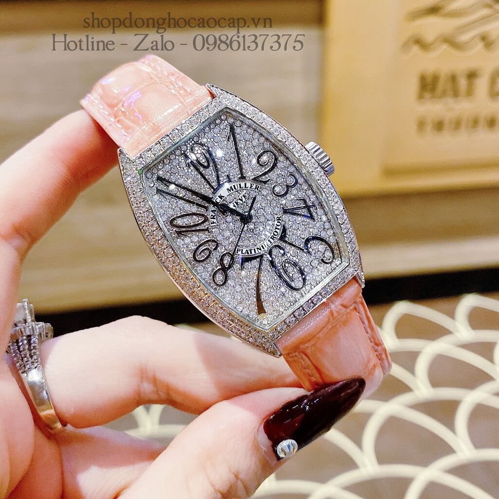 Đồng Hồ Franck Muller Nữ Dây Da Hồng Mặt Số Đính Đá 33mm Silver