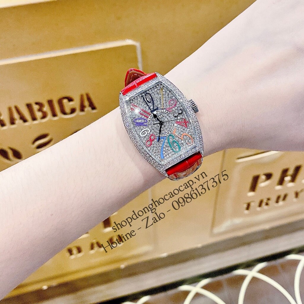 Đồng Hồ Franck Muller Nữ Dây Da Đỏ Số Màu Đính Đá 33mm