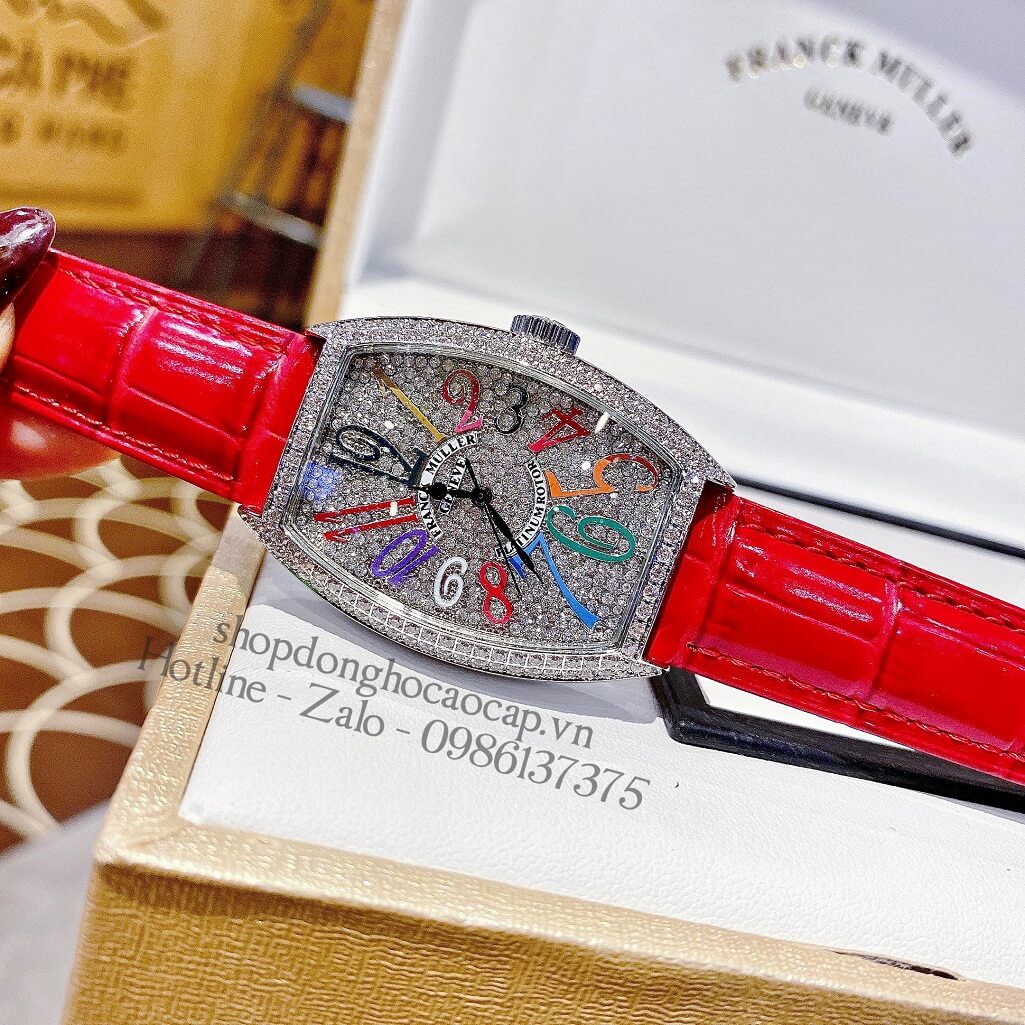 Đồng Hồ Franck Muller Nữ Dây Da Đỏ Số Màu Đính Đá 33mm