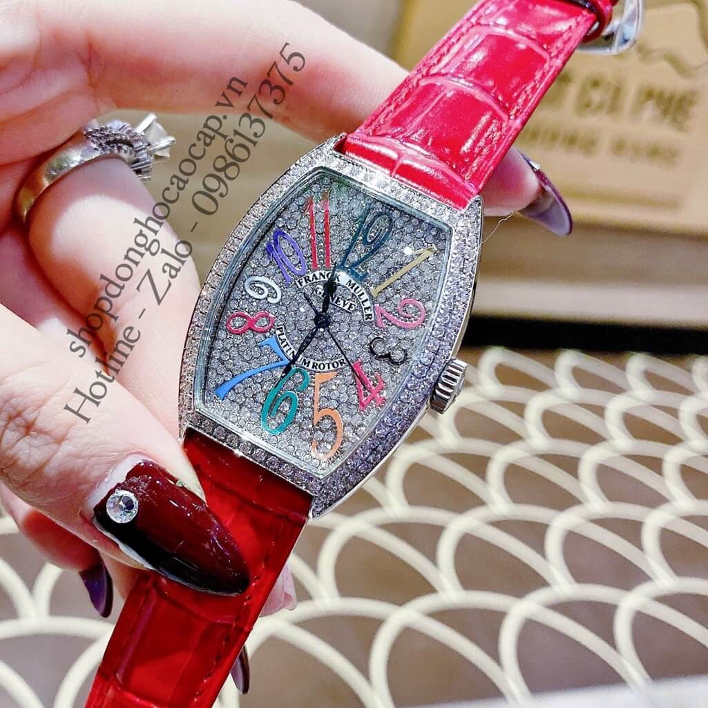 Đồng Hồ Franck Muller Nữ Dây Da Đỏ Số Màu Đính Đá 33mm