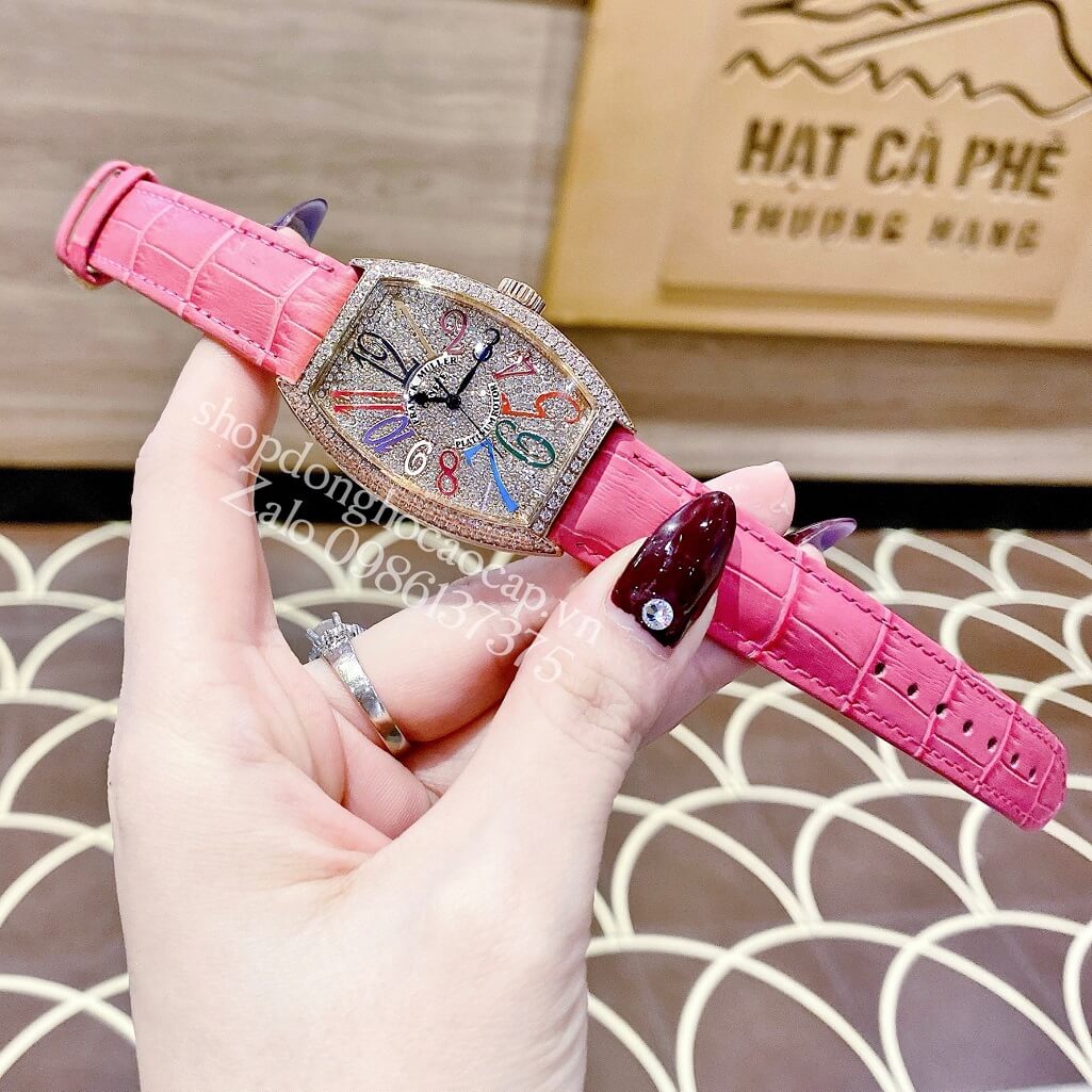 Đồng Hồ Franck Muller Nữ Dây Da Hồng Mặt Số Màu Đính Đá Rose 33mm