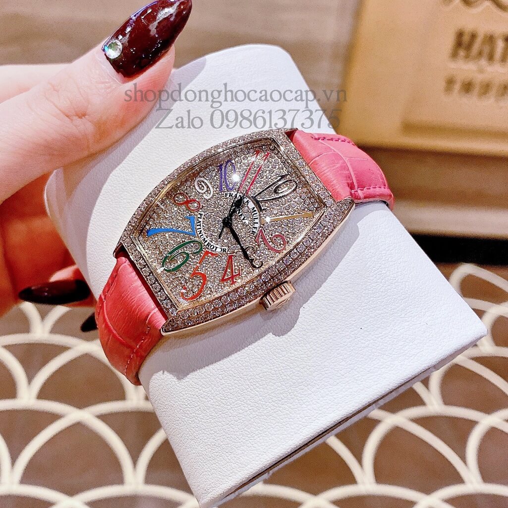 Đồng Hồ Franck Muller Nữ Dây Da Hồng Mặt Số Màu Đính Đá Rose 33mm