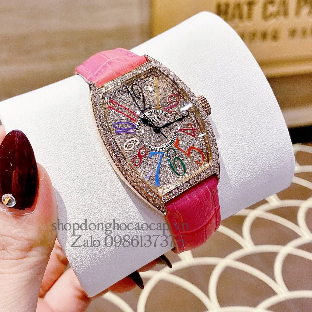 Đồng Hồ Franck Muller Nữ Dây Da Hồng Mặt Số Màu Đính Đá Rose 33mm