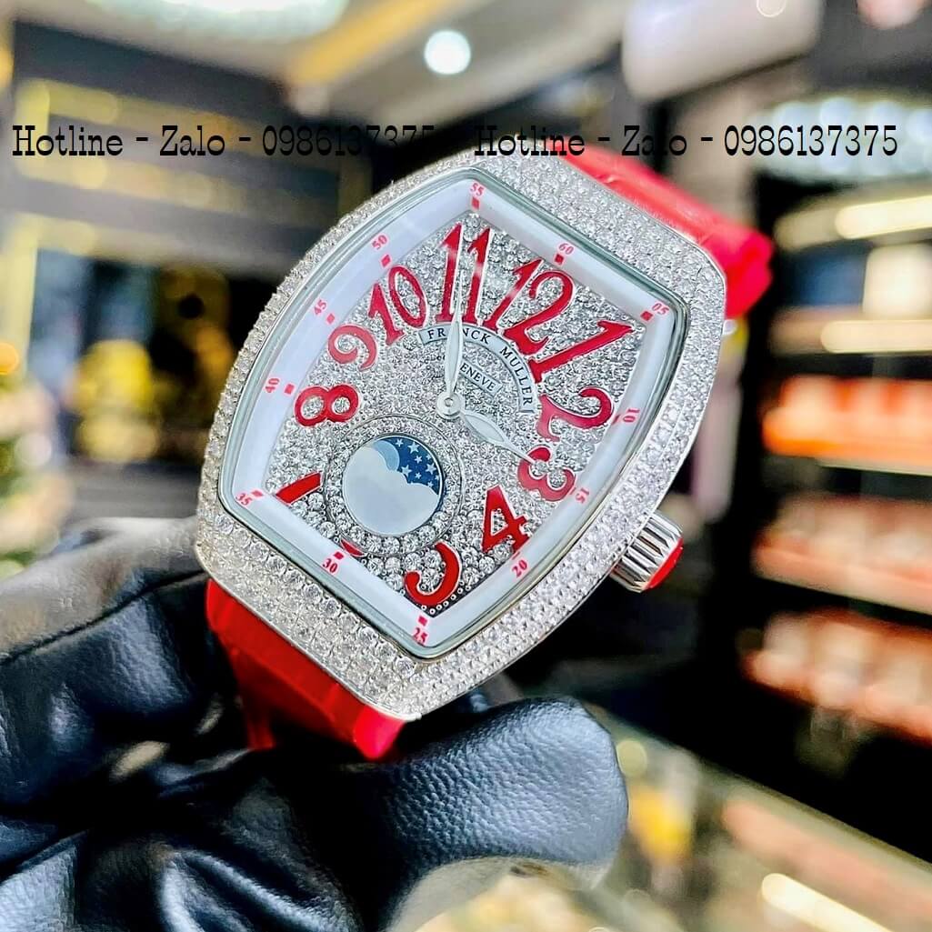 Đồng Hồ Nữ Franck Muller Silicon Đỏ Đính Đá Silver 34mm