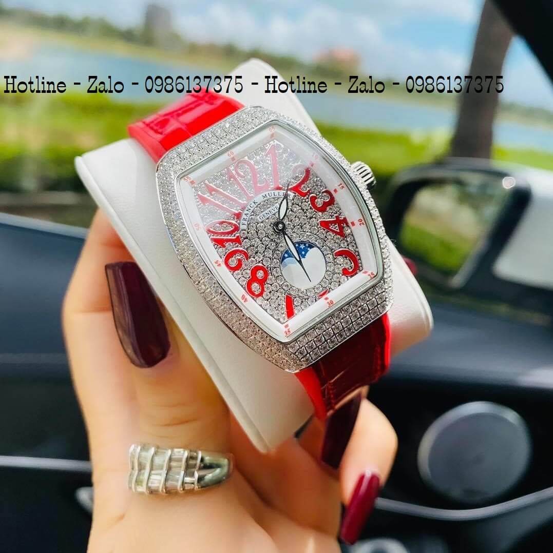 Đồng Hồ Nữ Franck Muller Silicon Đỏ Đính Đá Silver 34mm