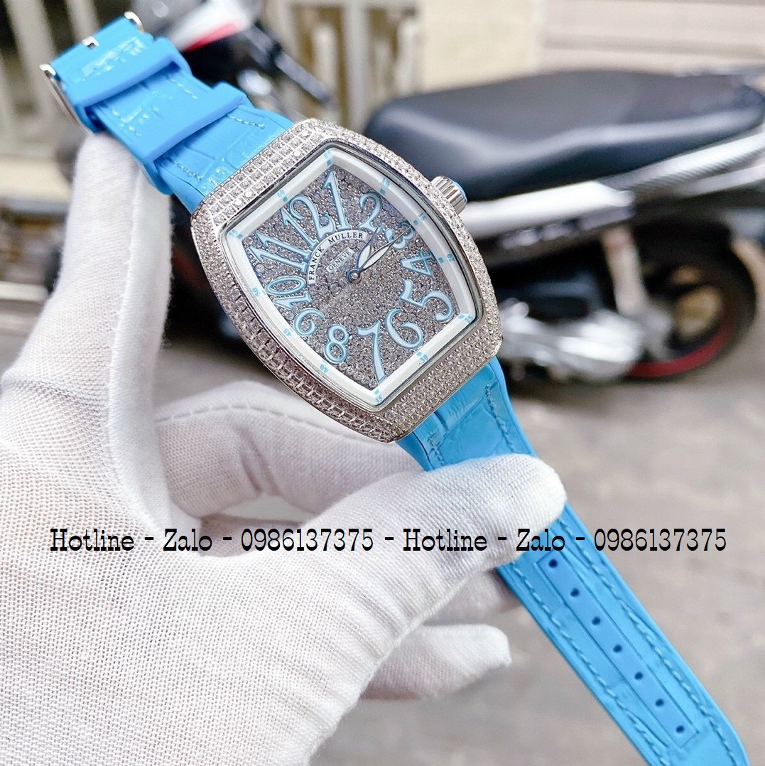 Đồng Hồ Nữ Franck Muller Silicon Xanh Đính Đá Silver 34mm