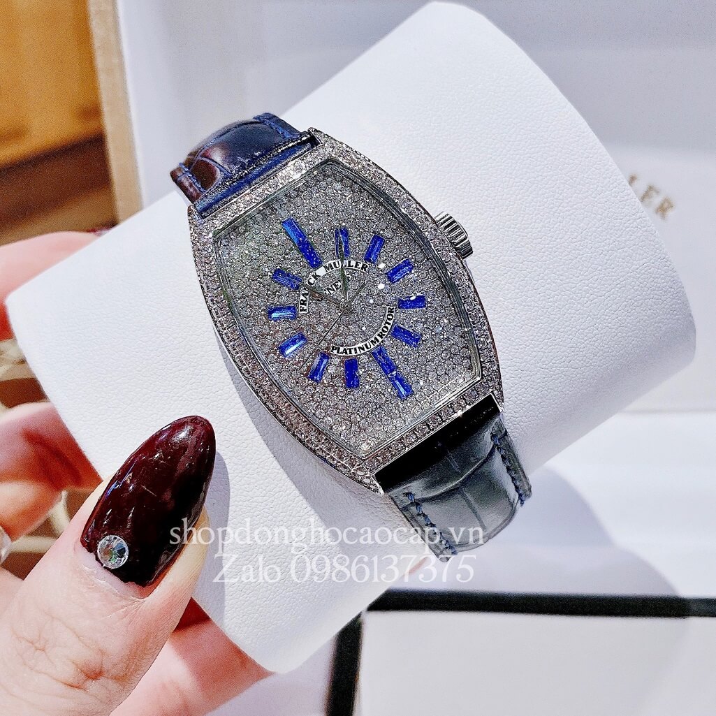 Đồng Hồ Franck Muller Nữ Dây Da Xanh Dương Đậm Đính Đá 33mm Silver