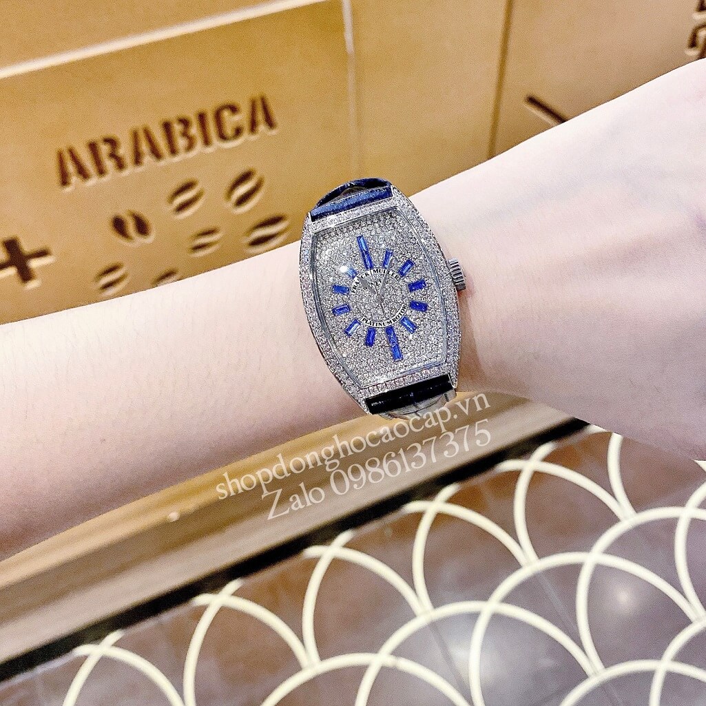 Đồng Hồ Franck Muller Nữ Dây Da Xanh Dương Đậm Đính Đá 33mm Silver