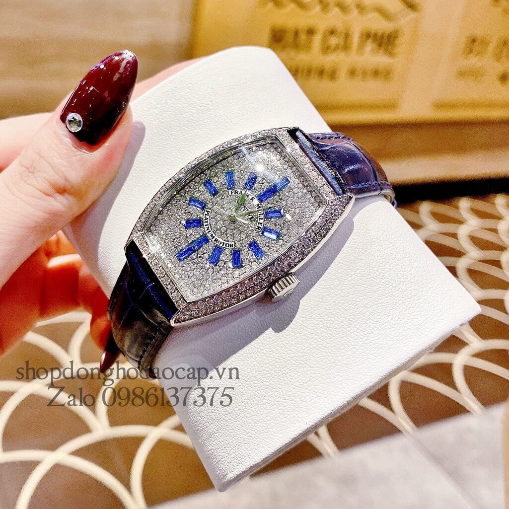 Đồng Hồ Franck Muller Nữ Dây Da Xanh Dương Đậm Đính Đá 33mm Silver