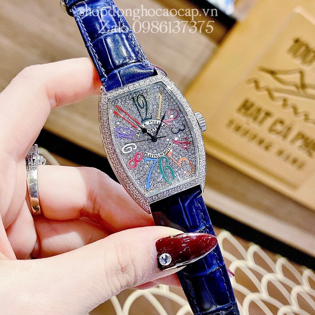 Đồng Hồ Franck Muller Nữ Dây Da Xanh Dương Đậm Mặt Số Đính Đá 33mm Silver