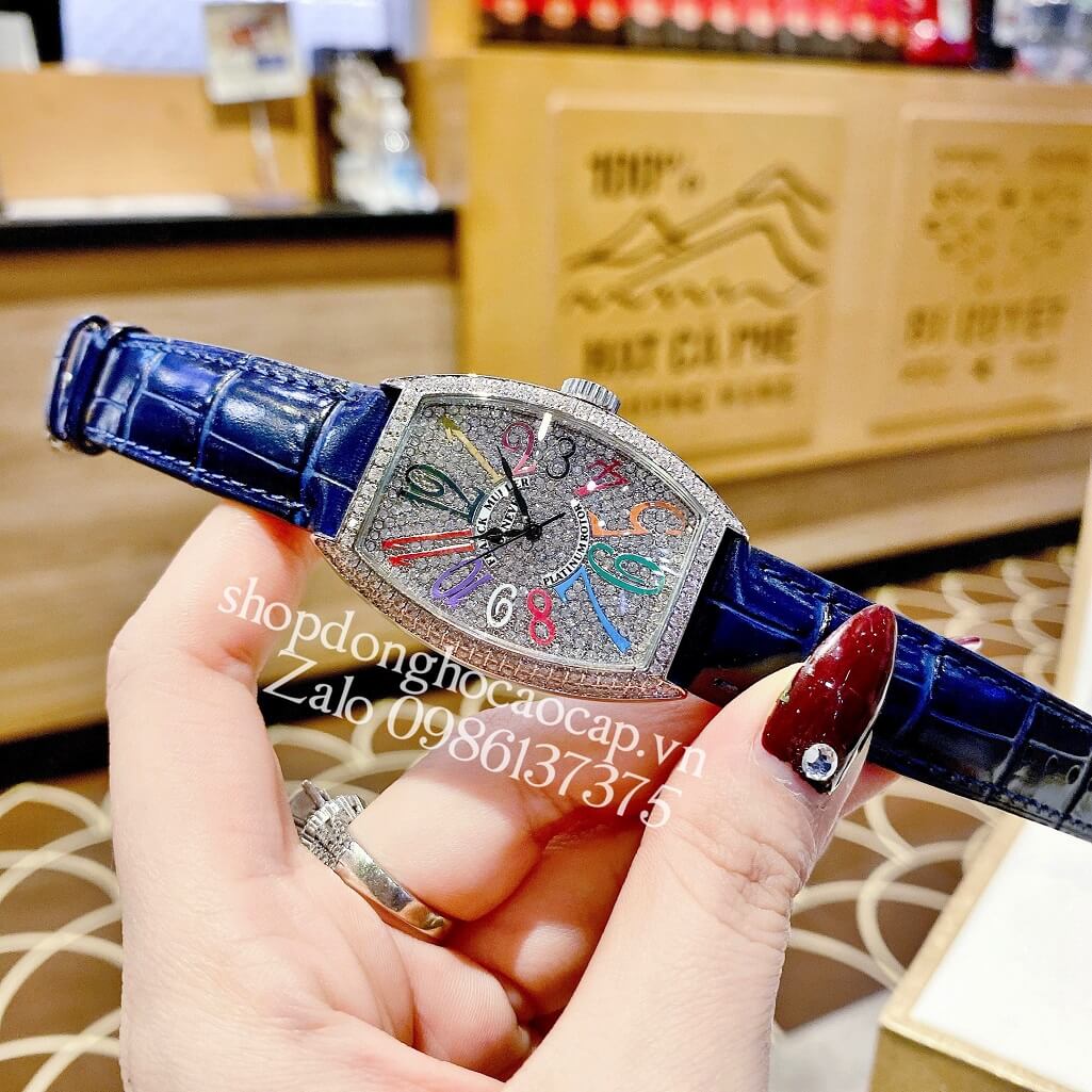 Đồng Hồ Franck Muller Nữ Dây Da Xanh Dương Đậm Mặt Số Đính Đá 33mm Silver