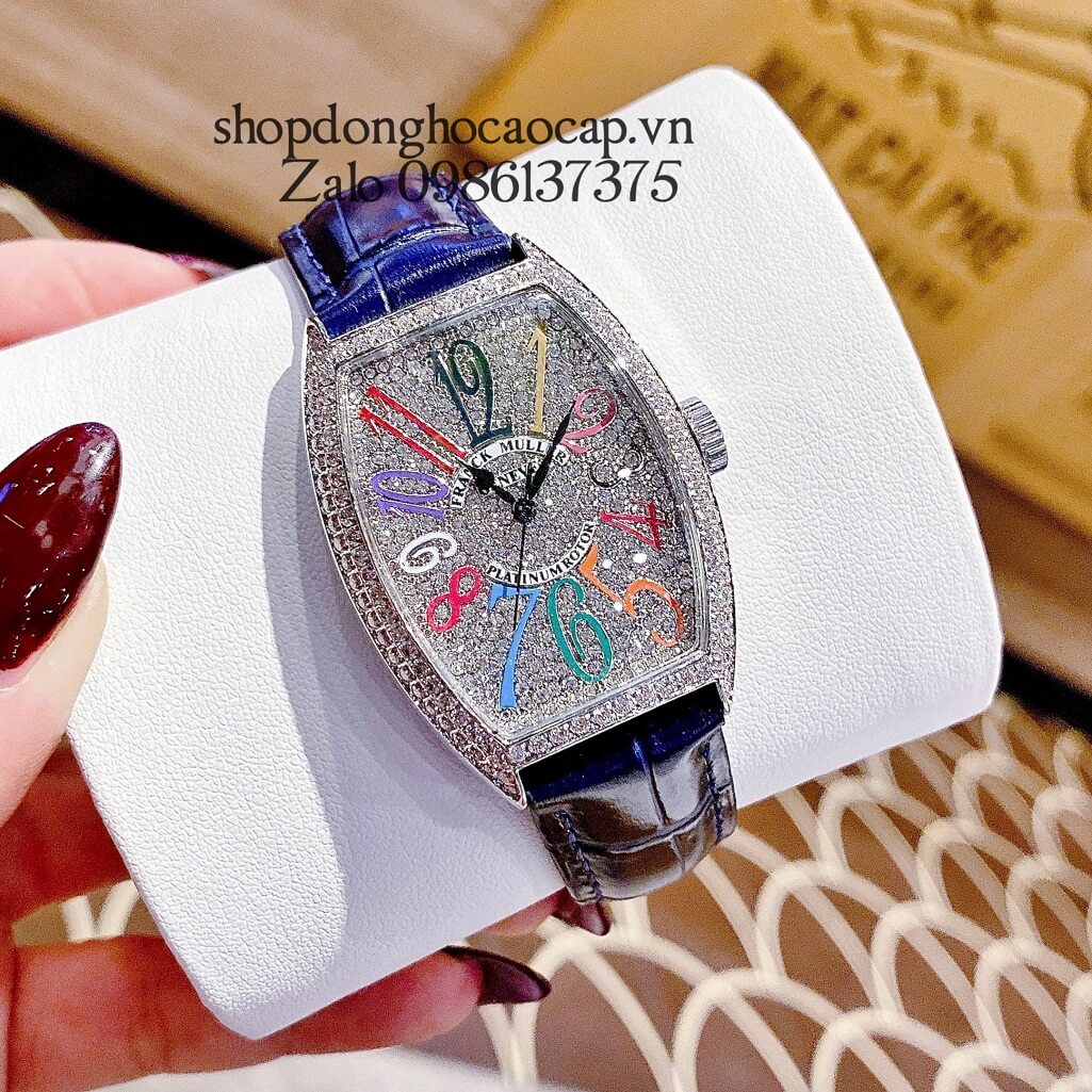 Đồng Hồ Franck Muller Nữ Dây Da Xanh Dương Đậm Mặt Số Đính Đá 33mm Silver