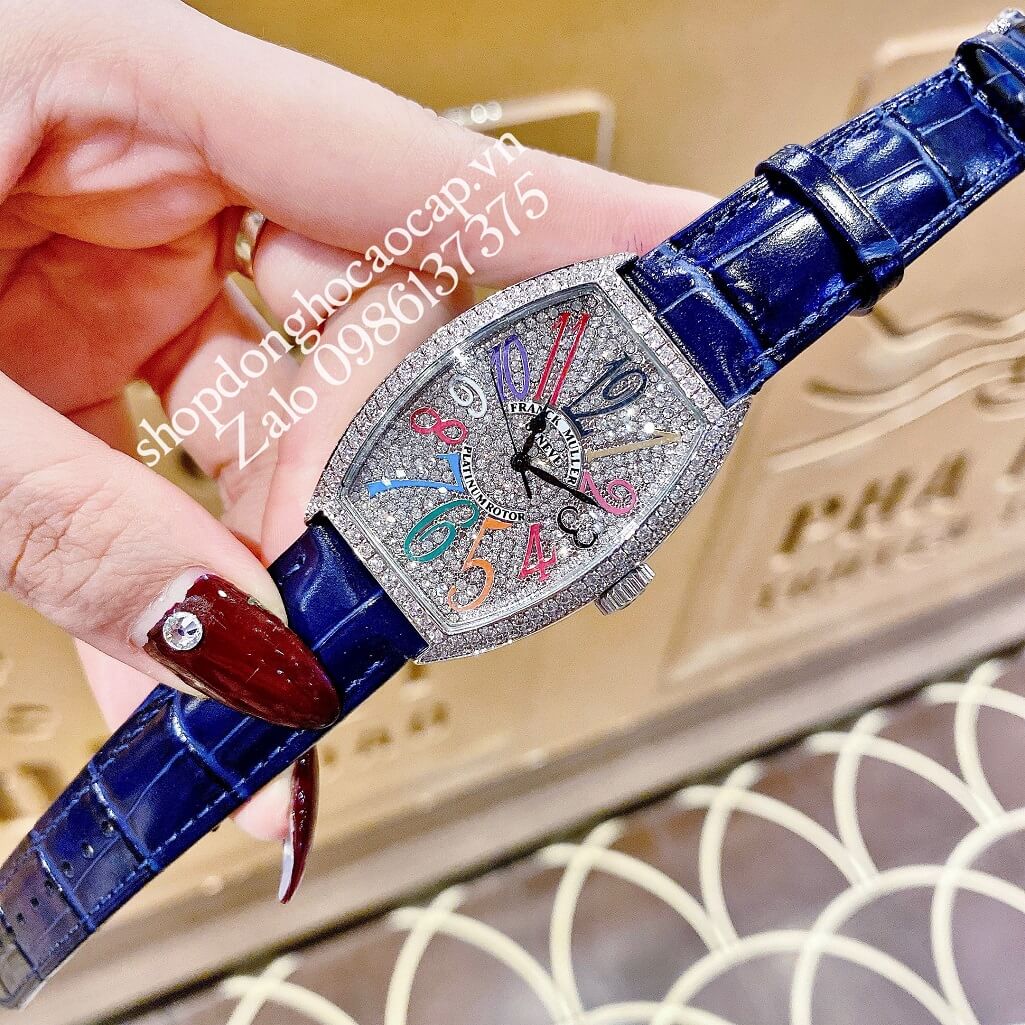 Đồng Hồ Franck Muller Nữ Dây Da Xanh Dương Đậm Mặt Số Đính Đá 33mm Silver