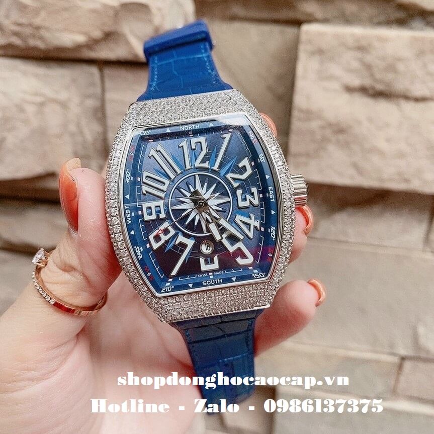 Đồng Hồ Franck Muller Yachting V41 Nam Automatic Xanh Đính Đá Silver