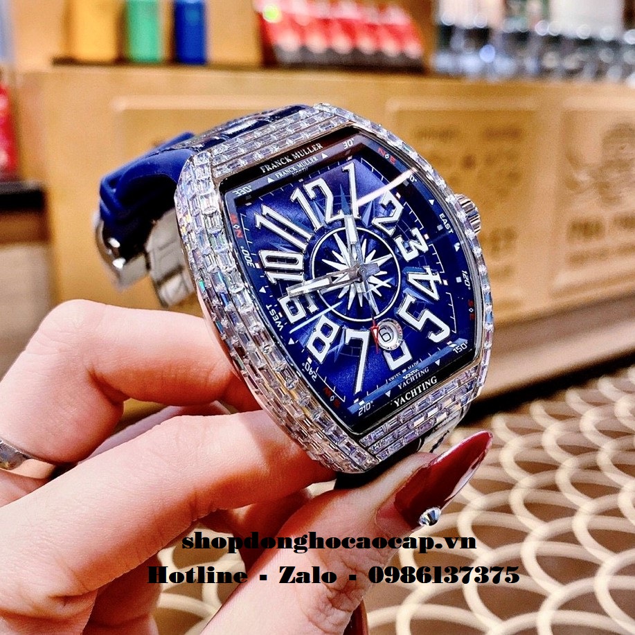 Đồng Hồ Cặp Franck Muller Siêu Cấp Dây Da Silicon Xanh Đính Đá Bạc