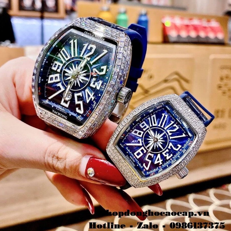 Đồng Hồ Cặp Franck Muller Siêu Cấp Dây Da Silicon Xanh Đính Đá Bạc