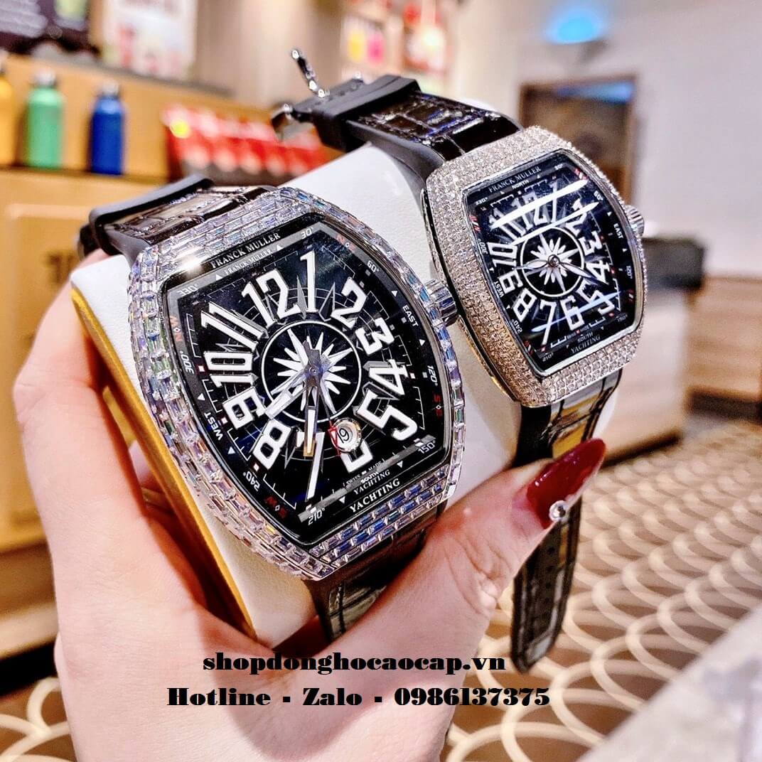 Đồng Hồ Cặp Franck Muller Siêu Cấp Dây Da Silicon Đen Đính Đá Bạc