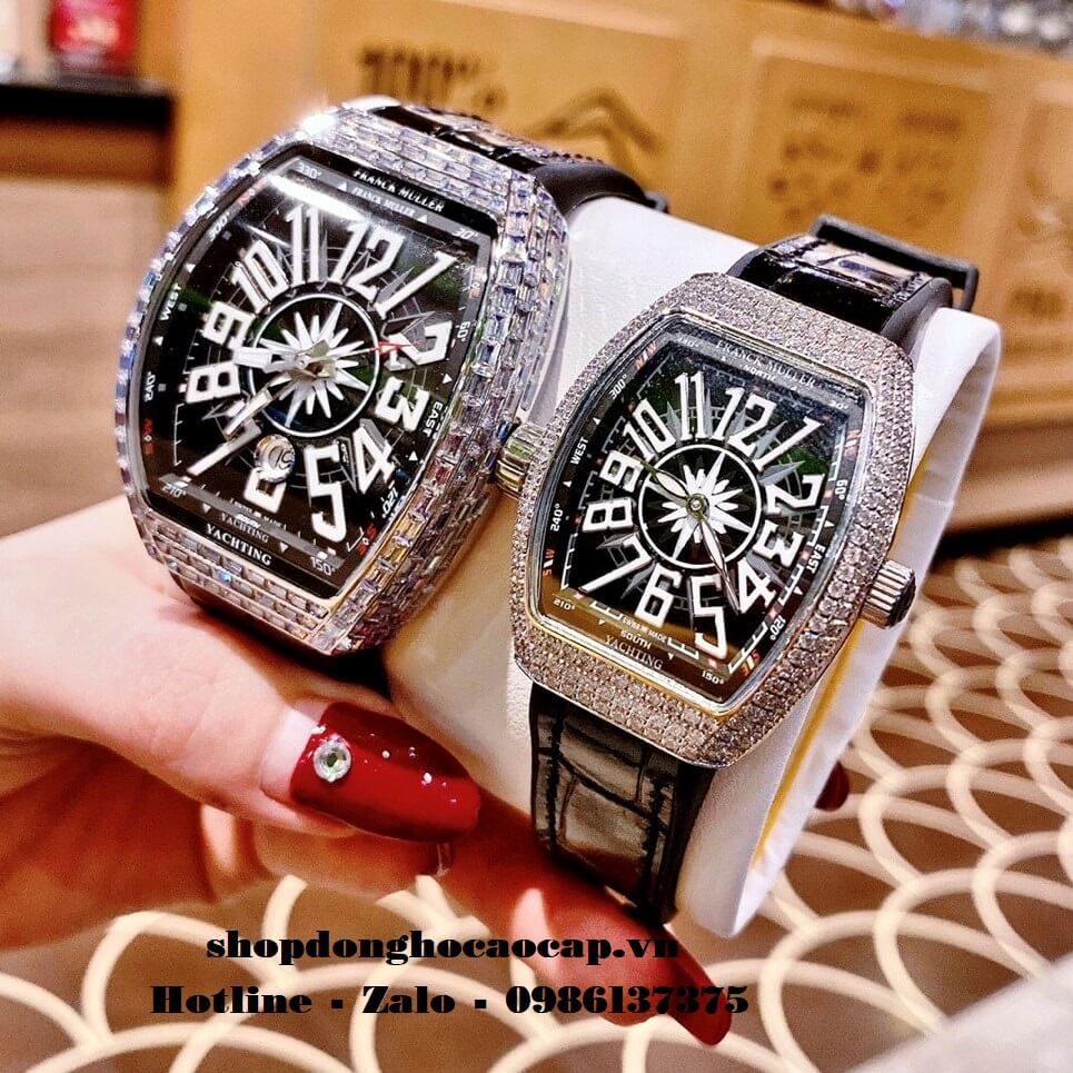 Đồng Hồ Cặp Franck Muller Siêu Cấp Dây Da Silicon Đen Đính Đá Bạc