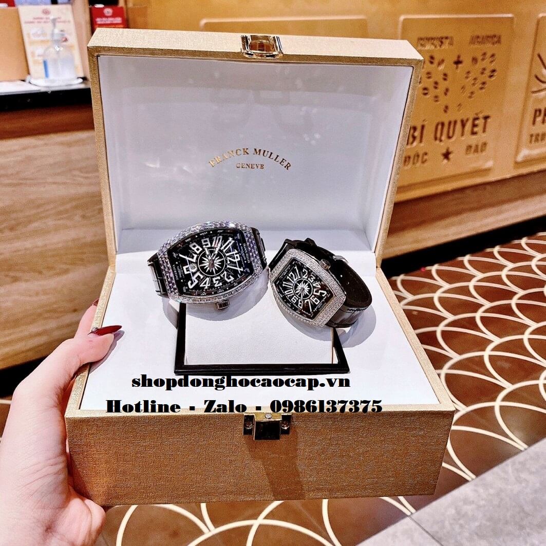 Đồng Hồ Cặp Franck Muller Siêu Cấp Dây Da Silicon Đen Đính Đá Bạc