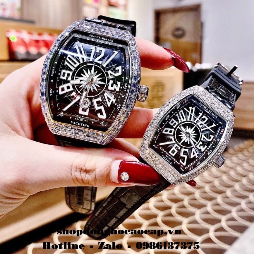 Đồng Hồ Cặp Franck Muller Siêu Cấp Dây Da Silicon Đen Đính Đá Bạc