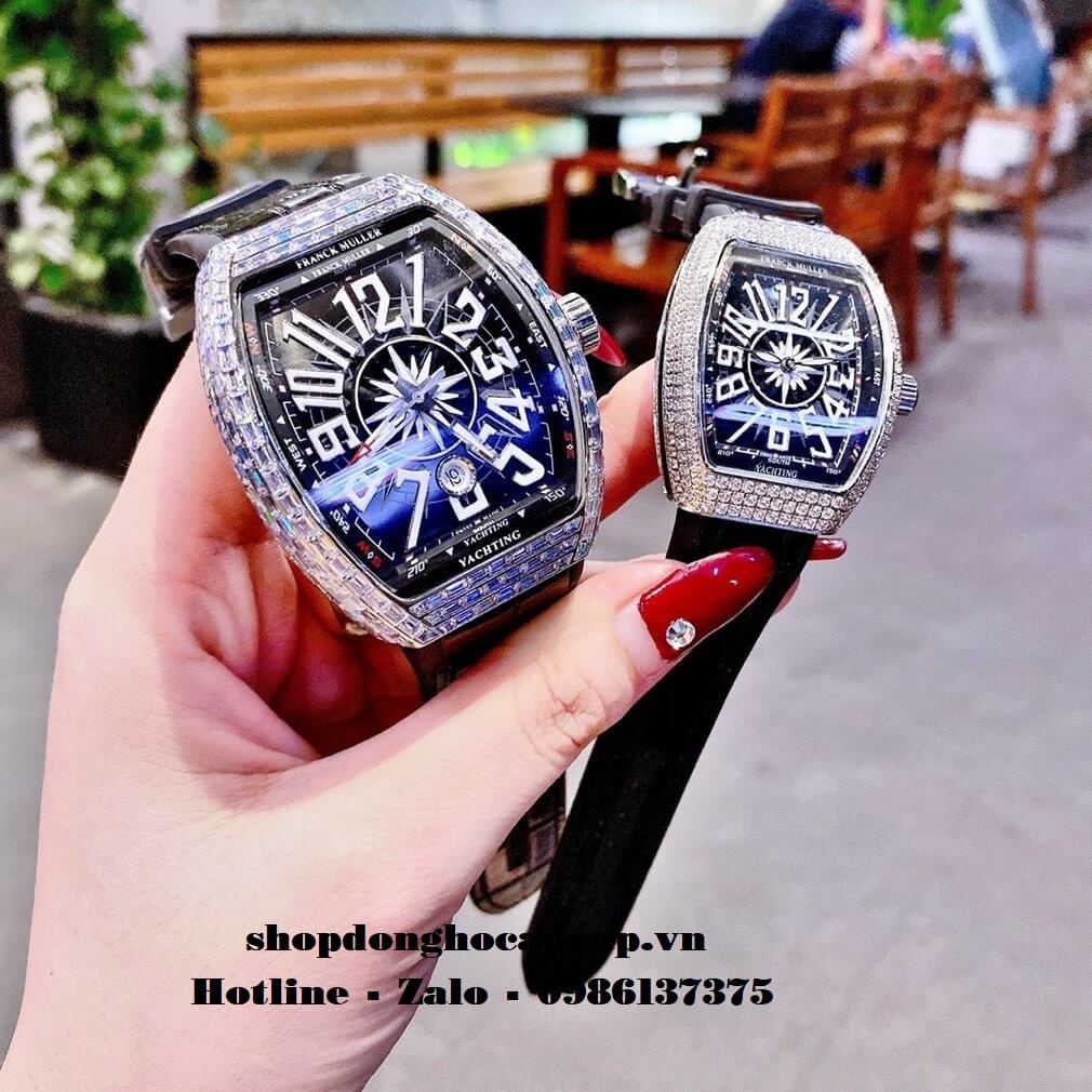 Đồng Hồ Cặp Franck Muller Siêu Cấp Dây Da Silicon Đen Đính Đá Bạc