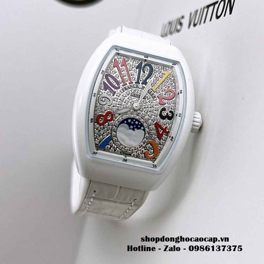 Đồng Hồ Franck Muller V32 ABF Siêu Cấp 1:1 Nữ Da Silicon Trắng Đính Đá