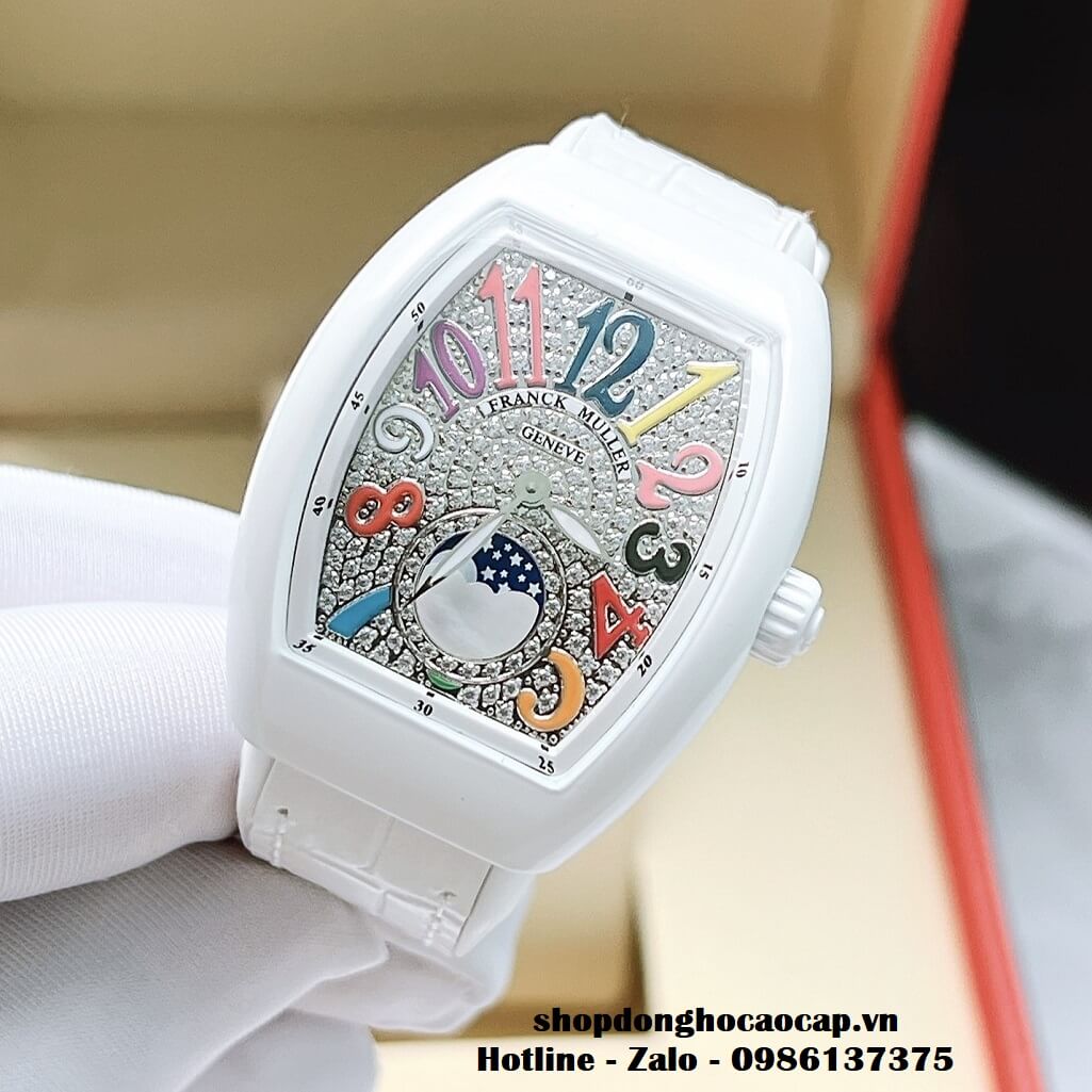 Đồng Hồ Franck Muller V32 ABF Siêu Cấp 1:1 Nữ Da Silicon Trắng Đính Đá