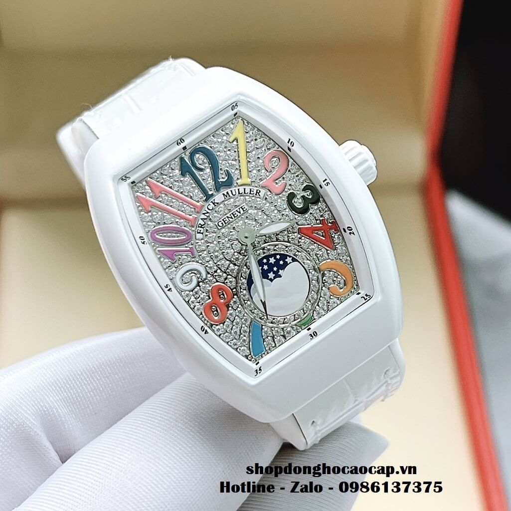 Đồng Hồ Franck Muller V32 ABF Siêu Cấp 1:1 Nữ Da Silicon Trắng Đính Đá