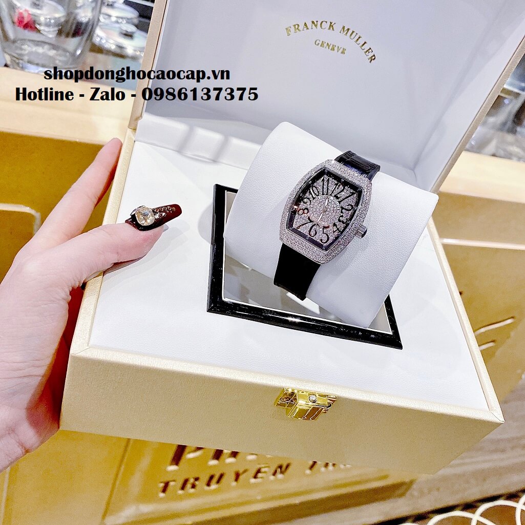 Đồng Hồ Franck Muller V32 Nữ Silicon Đen Đính Đá Bạc 34mm