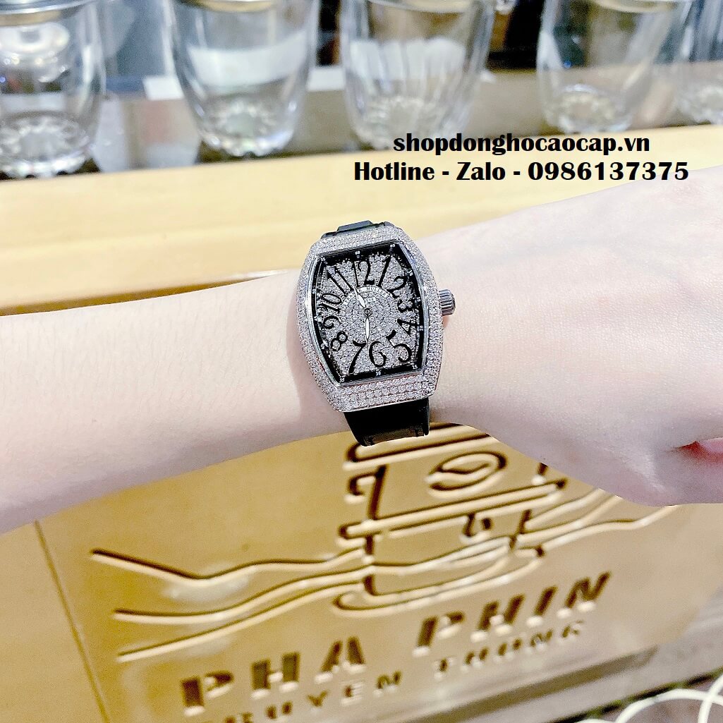 Đồng Hồ Franck Muller V32 Nữ Silicon Đen Đính Đá Bạc 34mm