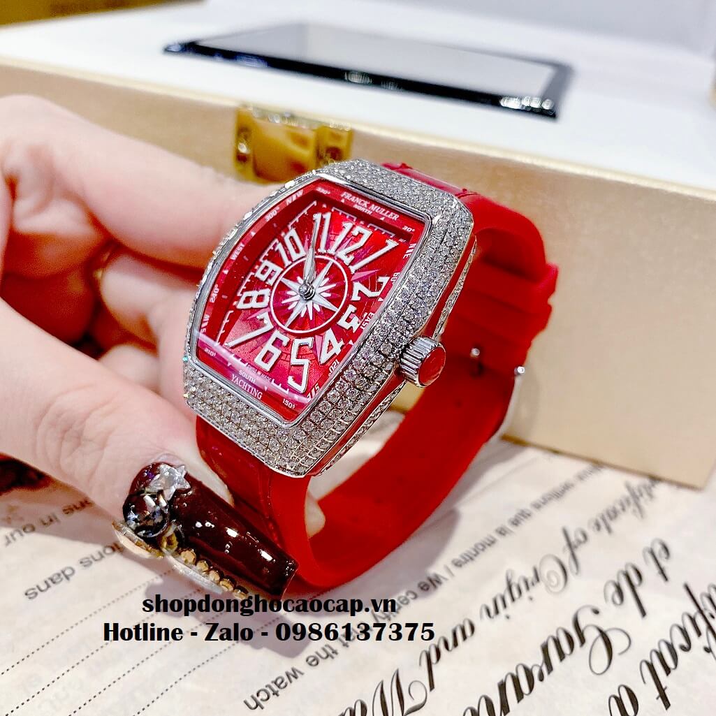 Đồng Hồ Franck Muller Nữ Silicon Đỏ Đính Đá Bạc 34mm