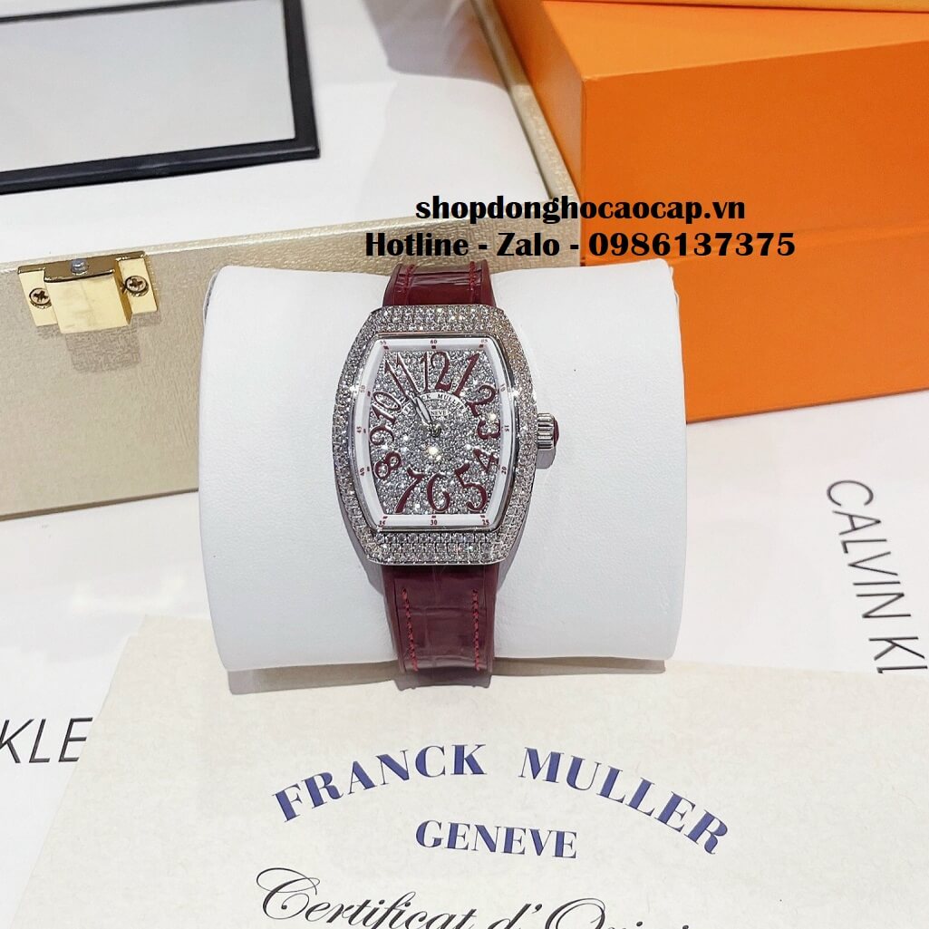 Đồng Hồ Franck Muller V32 Nữ Silicon Đỏ Mận Đính Đá Bạc 34mm