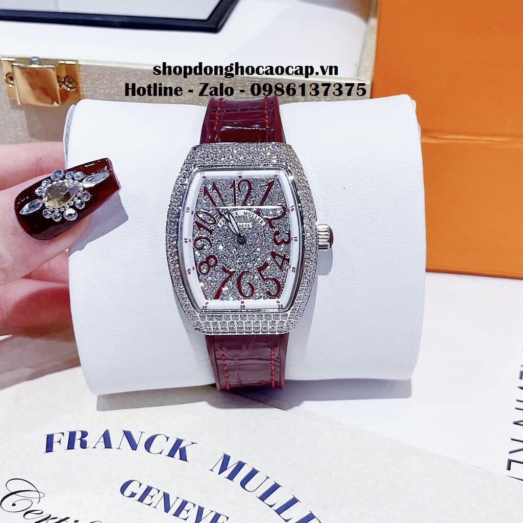 Đồng Hồ Franck Muller V32 Nữ Silicon Đỏ Mận Đính Đá Bạc 34mm