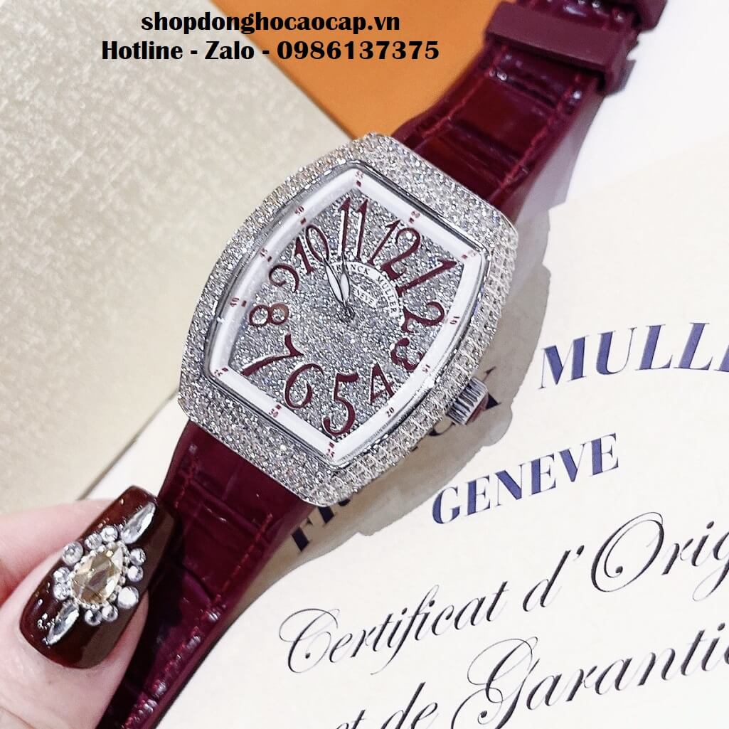 Đồng Hồ Franck Muller V32 Nữ Silicon Đỏ Mận Đính Đá Bạc 34mm