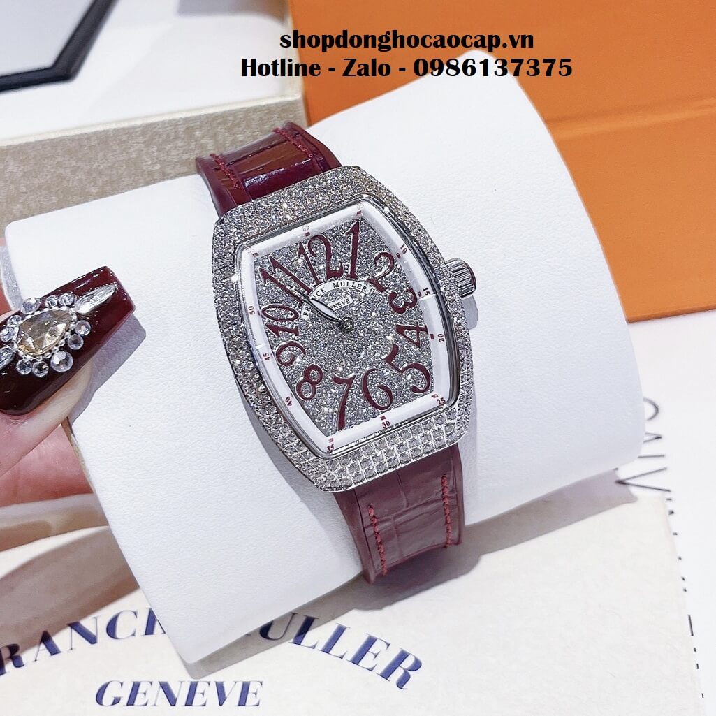 Đồng Hồ Franck Muller V32 Nữ Silicon Đỏ Mận Đính Đá Bạc 34mm