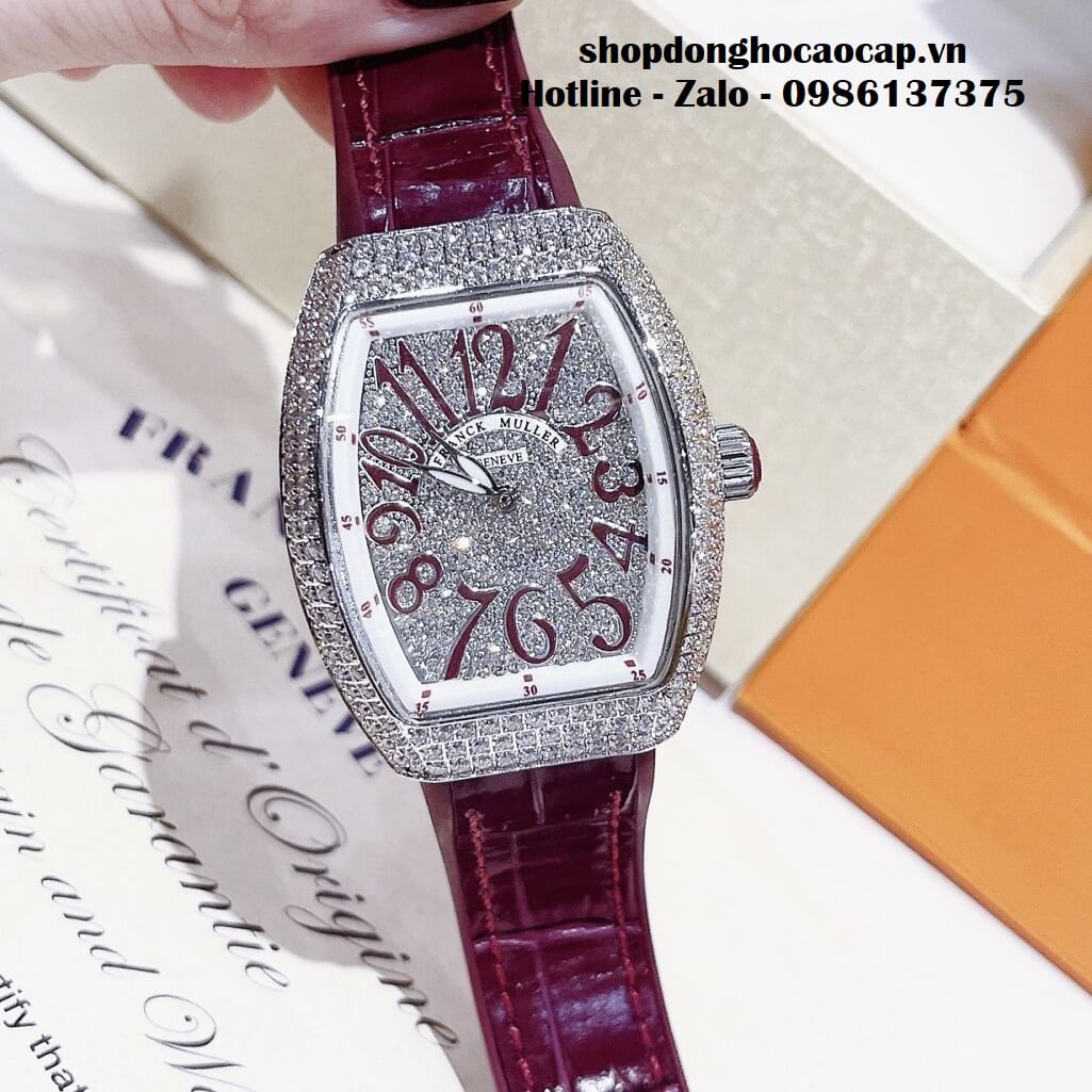 Đồng Hồ Franck Muller V32 Nữ Silicon Đỏ Mận Đính Đá Bạc 34mm