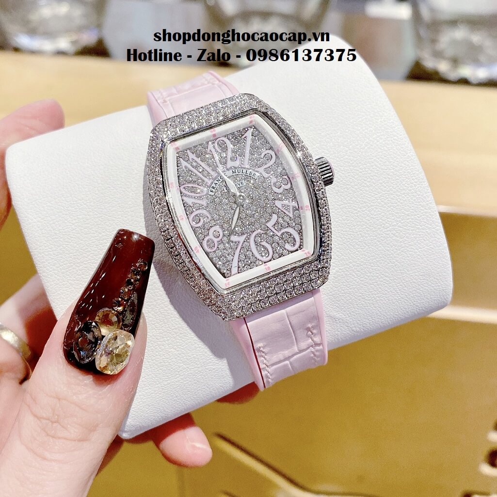 Đồng Hồ Franck Muller Nữ Silicon Hồng Đính Đá Bạc 34mm