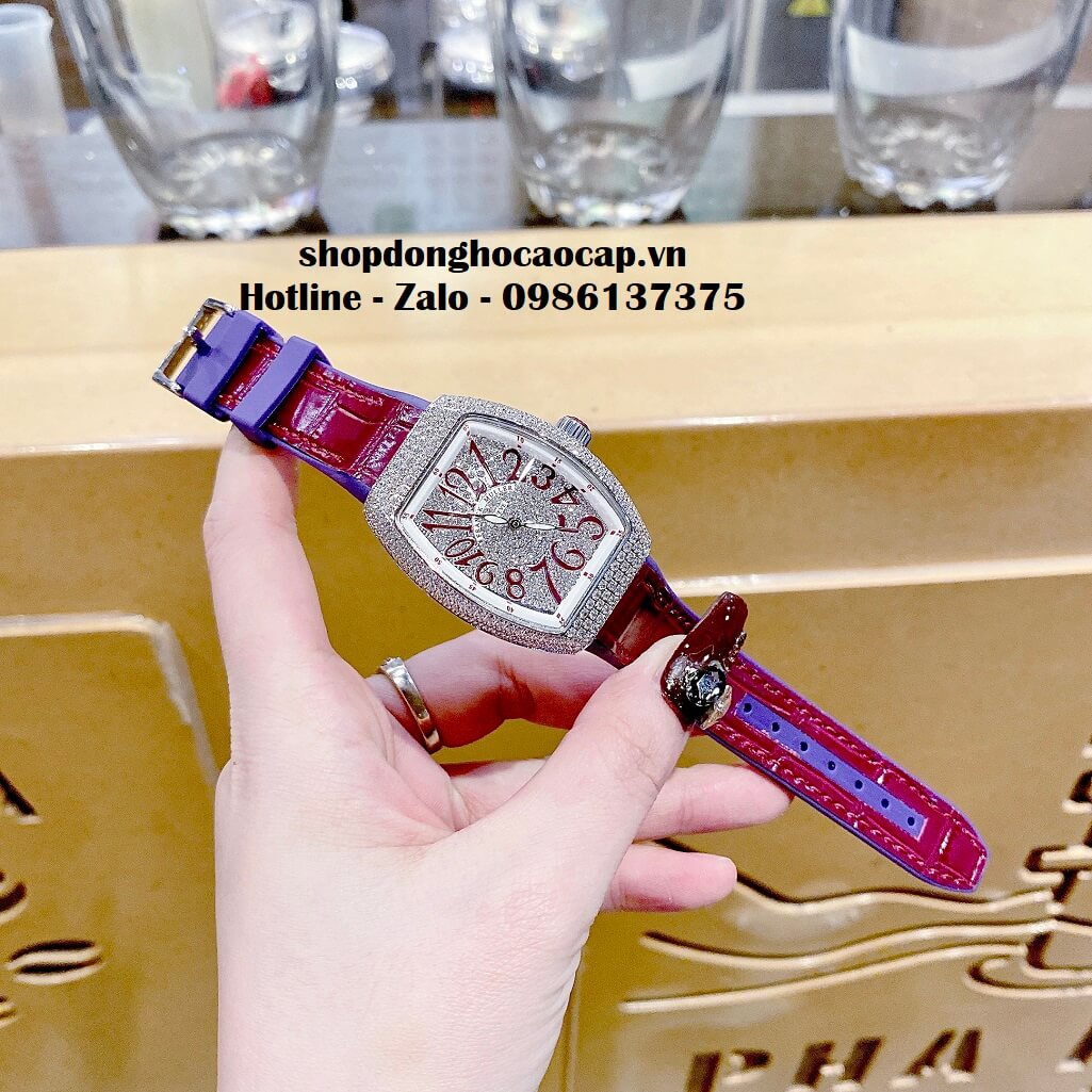 Đồng Hồ Franck Muller V32 Nữ Silicon Đỏ Cherry Đính Đá Bạc 34mm