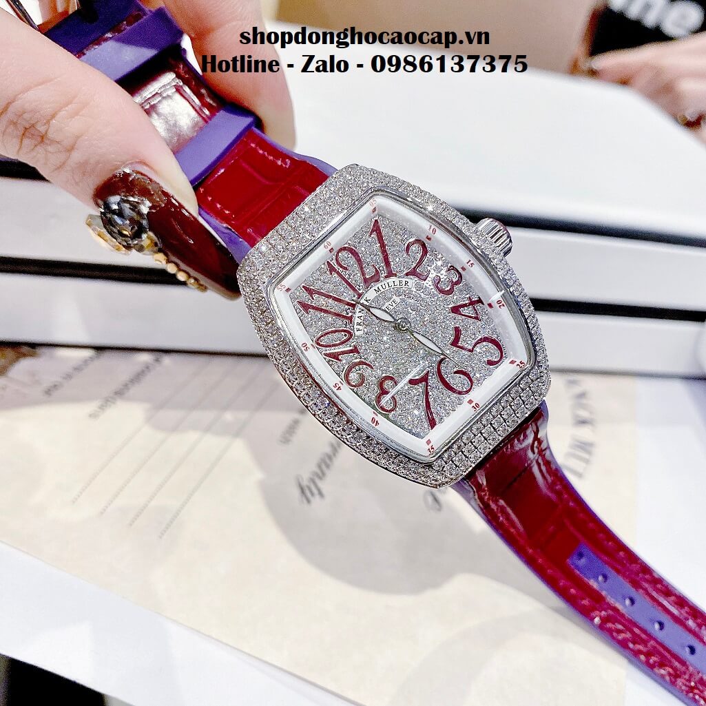 Đồng Hồ Franck Muller V32 Nữ Silicon Đỏ Cherry Đính Đá Bạc 34mm