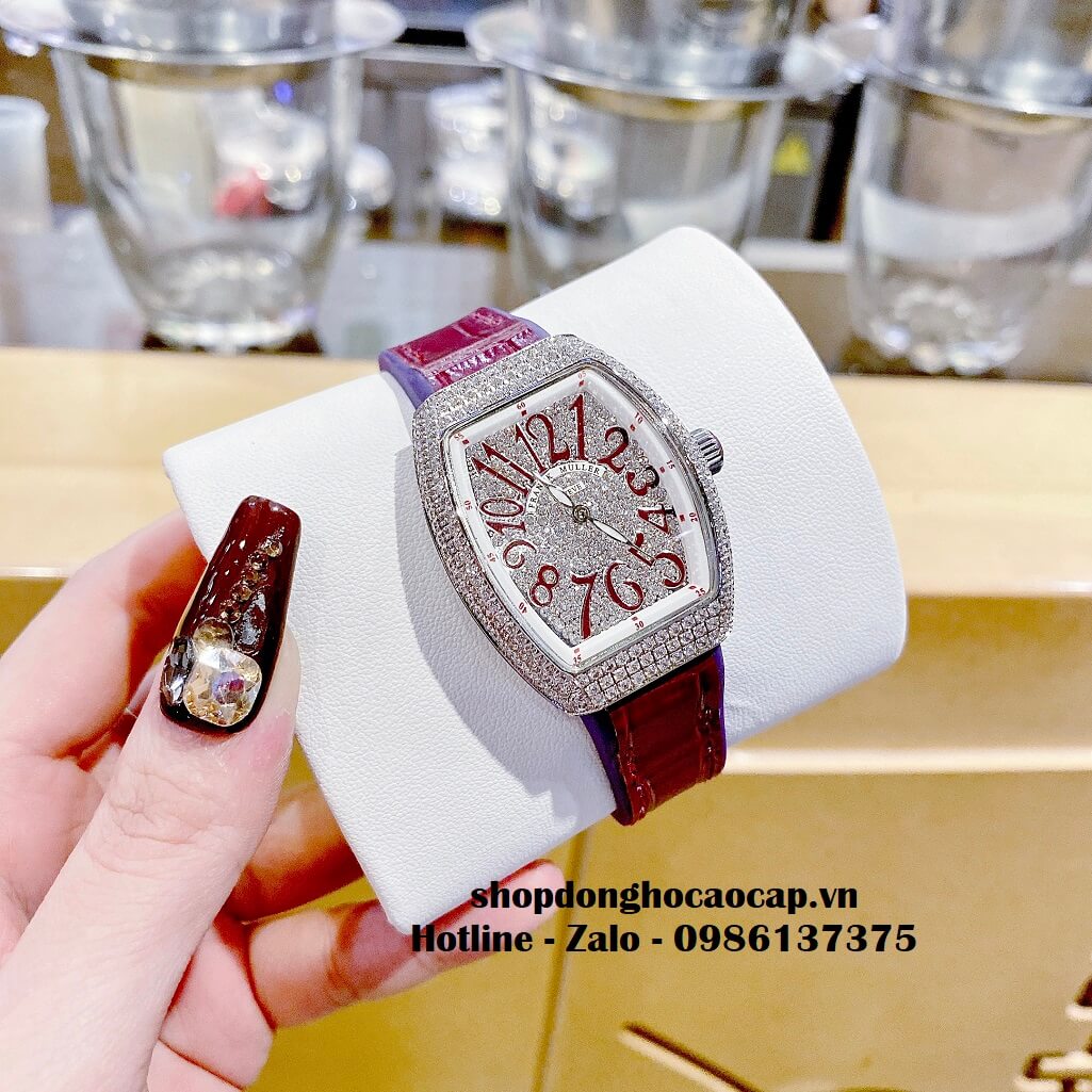 Đồng Hồ Franck Muller V32 Nữ Silicon Đỏ Cherry Đính Đá Bạc 34mm