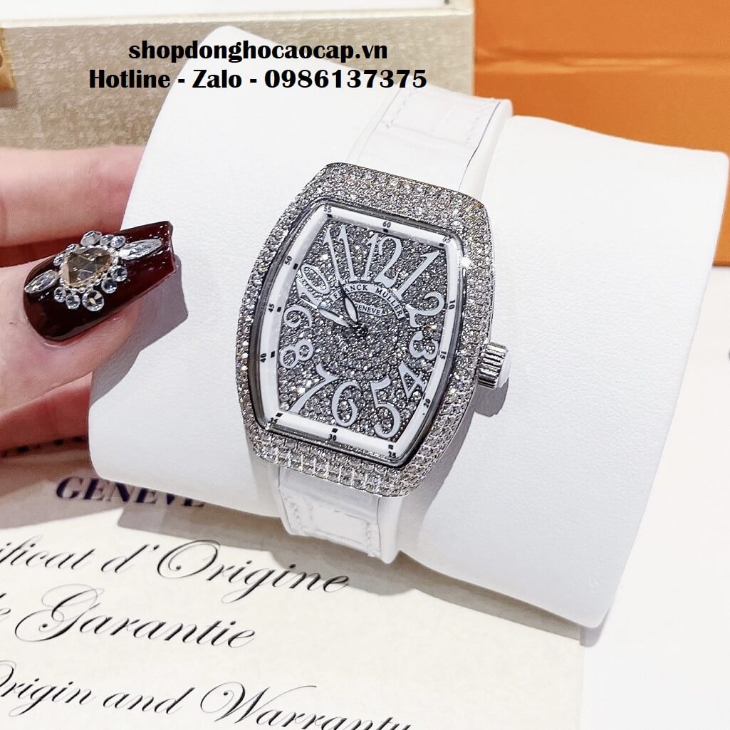 Đồng Hồ Franck Muller Nữ Silicon Trắng Đính Đá Bạc 34mm
